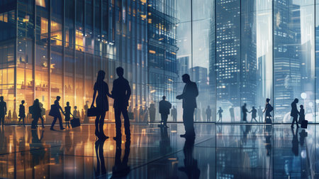 Two business professionals shake hands in front of a sleek, modern office building as the city comes alive at dusk.の素材