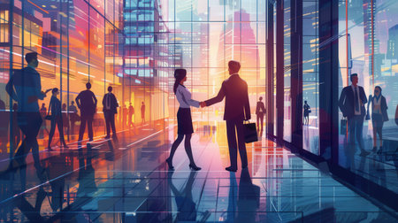 Two business professionals engage in a handshake outside a modern office building during sunset, highlighting a moment of collaboration and agreement.の素材