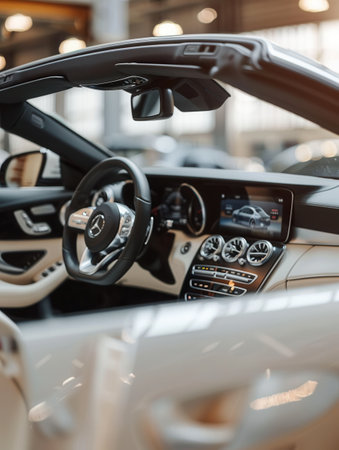 The interior of a car is being meticulously cleaned and polished, showing a well-maintained and stylish environment in an automotive showroom.の素材