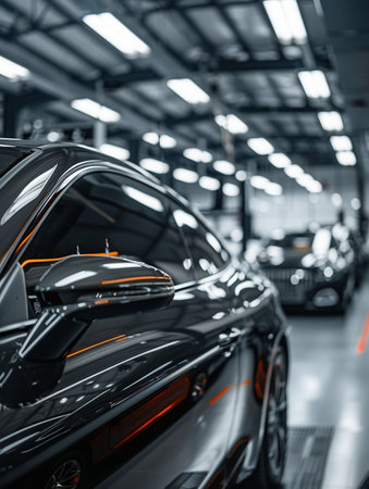 Workers meticulously clean and polish the interiors of vehicles inside a well-lit automotive workshop, ensuring quality and attention to detail.の素材