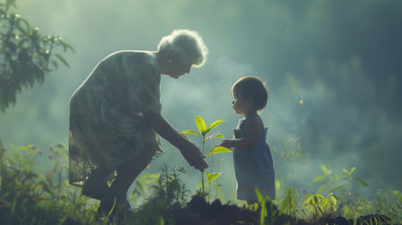 An elderly woman nurtures the next generation by giving a young plant to a child, embodying the cycle of life and connection to nature.の素材