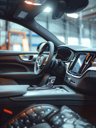 The interior of a car is being expertly cleaned and polished, showing the meticulous attention to detail in a professional automotive setting.の素材