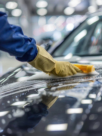 A person is cleaning and polishing the interior surfaces of a car using a sponge and cleaning solution under bright lights.の素材