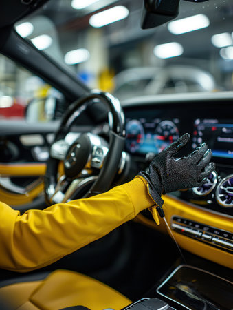 A detailing expert meticulously cleans and polishes the interior of a luxury car, showing their skills in an automotive service facility.の素材