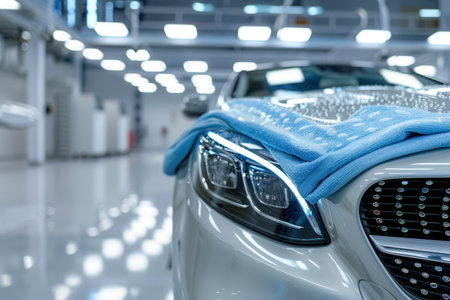 A person cleans and polishes the interior surfaces of a car in a bright and organized workshop, ensuring a pristine vehicle appearance.の素材