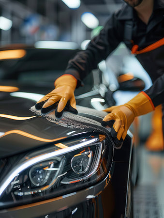 A person meticulously cleans and polishes a vehicle's interior surfaces, ensuring a spotless and shining finish in a professional detailing environment.の素材