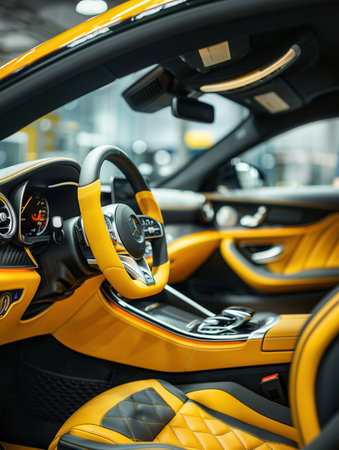 The interior of a luxury car is being meticulously cleaned and polished, showing vibrant yellow accents and high-end materials in a professional setting.の素材