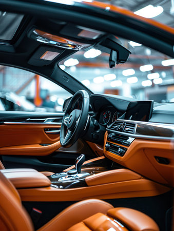 A skilled worker diligently cleans and polishes the interior of a car, enhancing its appearance in a well-lit automotive workshop.の素材
