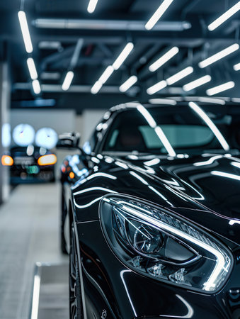 An expert meticulously cleans and polishes the interior of a sleek, black car in a bright auto detailing shop.の素材