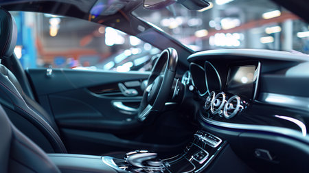 A professional is cleaning and polishing the interior of a car in a well-lit automotive workshop, ensuring every detail looks immaculate.の素材