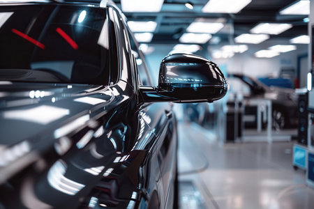 A worker is cleaning and polishing the interior of a car, ensuring every detail shines in the bright automotive showroom.の素材