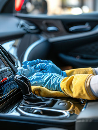 Cleaning and polishing the interior of a car, focusing on the dashboard and console with effective tools for a spotless finish.の素材