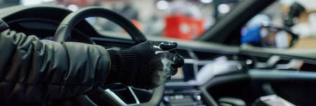 A person is meticulously cleaning and polishing the interior surfaces of a car in a busy automotive workshop.の素材