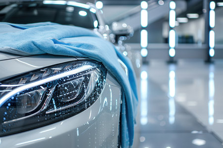 A person is meticulously cleaning and polishing the interior of a car while preparing it for presentation.の素材