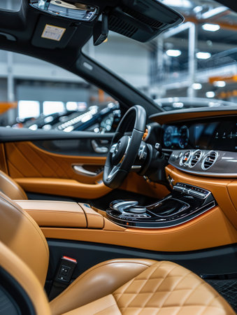 The interior of a luxury car is being meticulously cleaned and polished, enhancing the leather and surfaces to a pristine condition.の素材