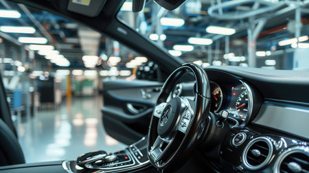 A person methodically cleans and polishes the interior of a car, ensuring every detail shines in a well-lit automotive detailing space.の素材