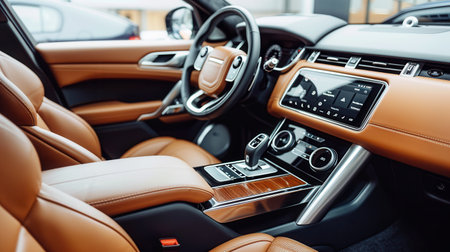 A professional detailer carefully cleans and polishes the elegant upholstery and dashboard of a luxury car inside a well-lit workshop.の素材