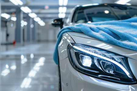A detailed cleaning and polishing process is underway, focusing on the interior of a car in a well-lit automotive workshop environment.の素材