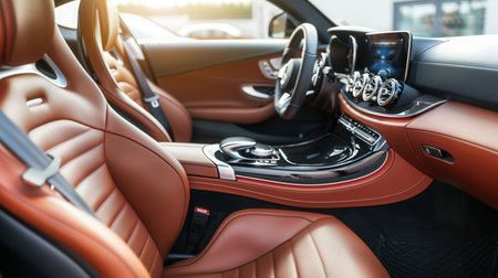 The interior of a luxury car is being meticulously cleaned and polished, highlighting its elegant design and quality materials in a well-lit environment.の素材