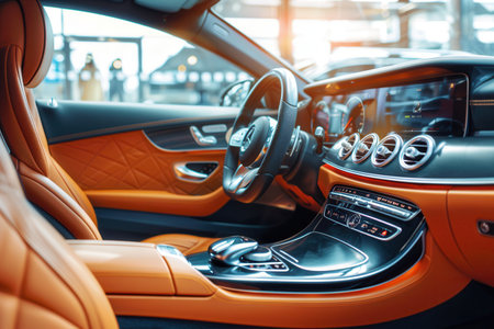 A thorough cleaning and polishing process is underway, showing the elegant orange leather interior of a luxury vehicle in a stylish workshop.の素材