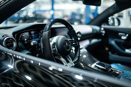 A detailer is meticulously cleaning and polishing the interior of a car, ensuring a spotless and polished finish.の素材