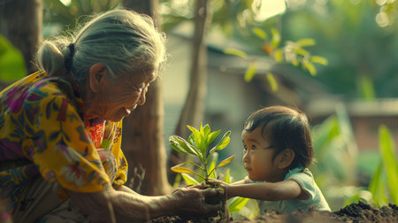 An elder woman hands a small plant to a young child, symbolizing the transfer of knowledge and care for nature in a lush garden setting.の素材