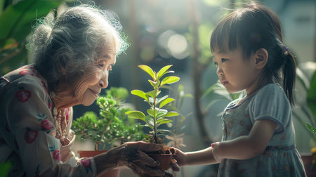 An elderly woman presents a young plant to a child, representing the transfer of care and hope from one generation to another in a bright, vibrant setting.の素材