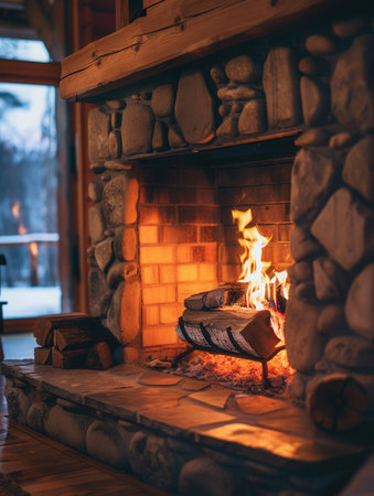 A roaring fireplace radiates warmth and comfort, casting a gentle glow in a rustic cabin on a cold evening, creating a tranquil atmosphere.の素材