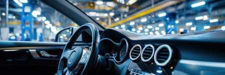 The interior of a car is being cleaned and polished in a well-lit automotive workshop, showcasing tools and equipment organized for the task.の素材