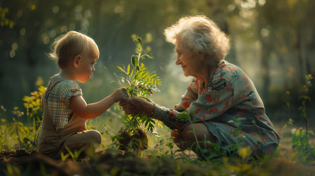 An elderly woman hands a small plant to a child in a serene forest, representing the transfer of knowledge and care for nature's future.の素材