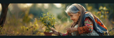 An elderly woman gently hands a small potted plant to a young child, symbolizing the connection between generations and new beginnings in nature.の素材