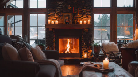 Flickering flames create a warm ambiance in a rustic living room filled with soft blankets and candlelight, perfect for a cozy winter evening.の素材