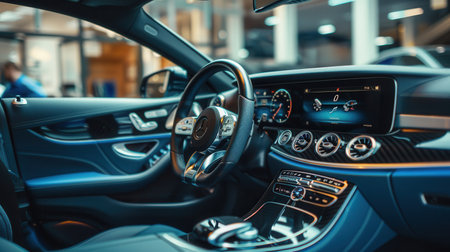 The interior of a car is being cleaned and polished, showing meticulous attention to maintaining its elegance and condition at a detailing facility.の素材