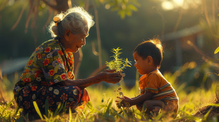 An elderly woman hands a young plant to a child, symbolizing the transfer of knowledge and life in a serene garden at sunset.の素材
