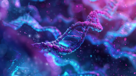 The cellular structure features clearly visible nuclei and colorful DNA strands interwoven in a dynamic arrangement, showing life at a microscopic level.の素材