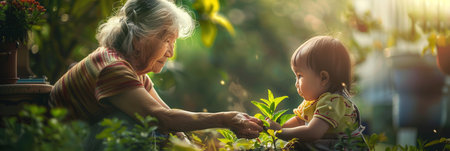 An elderly woman hands a small plant to a curious child, symbolizing the transfer of knowledge and nurturing of new life in a vibrant garden.の素材