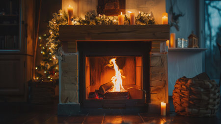 The fireplace flickers with warmth, surrounded by candles and a festive atmosphere, inviting comfort during a chilly evening.の素材