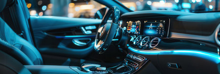 The interior of a luxury car is being meticulously cleaned and polished by a professional detailer with specialized tools in a well-lit workspace.の素材