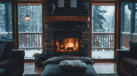 The warmth of a roaring fireplace illuminates a cozy cabin, providing comfort against the snowy backdrop outside.の素材