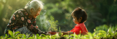 An elderly woman hands a young plant to a child, symbolizing the transfer of life and wisdom in a peaceful garden setting.の素材