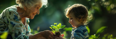 An elderly woman hands a young plant to a child, symbolizing the passing of knowledge and love for nature across generations.の素材