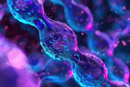 A vibrant display of cellular structures showing visible nuclei and DNA strands, highlighting the complexity of biological life.の素材