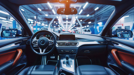 The technician meticulously cleans and polishes the interior of a car, ensuring a pristine finish in a well-lit detailing facility.の素材