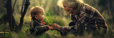 An elderly woman transfers a young plant to a child, fostering a bond while celebrating new life and the continuity between generations in nature's embrace.の素材