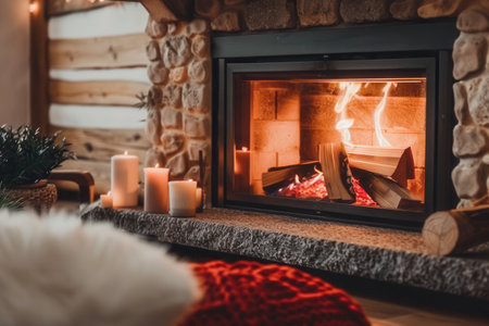 A roaring fireplace casts a warm glow, surrounded by flickering candles and soft textures, creating a welcoming and tranquil ambiance.の素材
