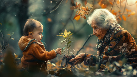 An elderly woman gently hands a small plant to a child, symbolizing the passing of knowledge and nurturing new life amidst nature's beauty.の素材