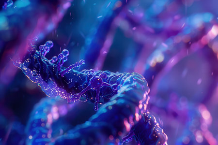 This close-up reveals cellular structures with visible nuclei and DNA strands, highlighting intricate biological processes at a microscopic level.の素材