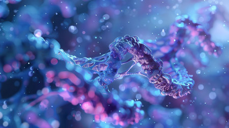 A detailed view of cellular structures reveals nuclei and DNA strands glowing with vibrant colors, showing the complexity of life at a microscopic level.の素材