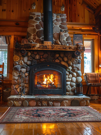 The warm glow from the fireplace fills the cozy cabin with light, creating an inviting atmosphere for relaxation and comfort.の素材