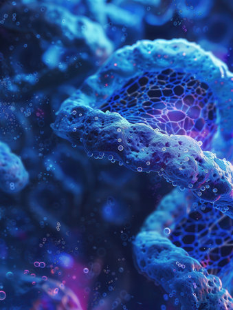 A close-up view reveals cellular structure with visible nuclei and intricate DNA strands set against a vivid blue backdrop.の素材